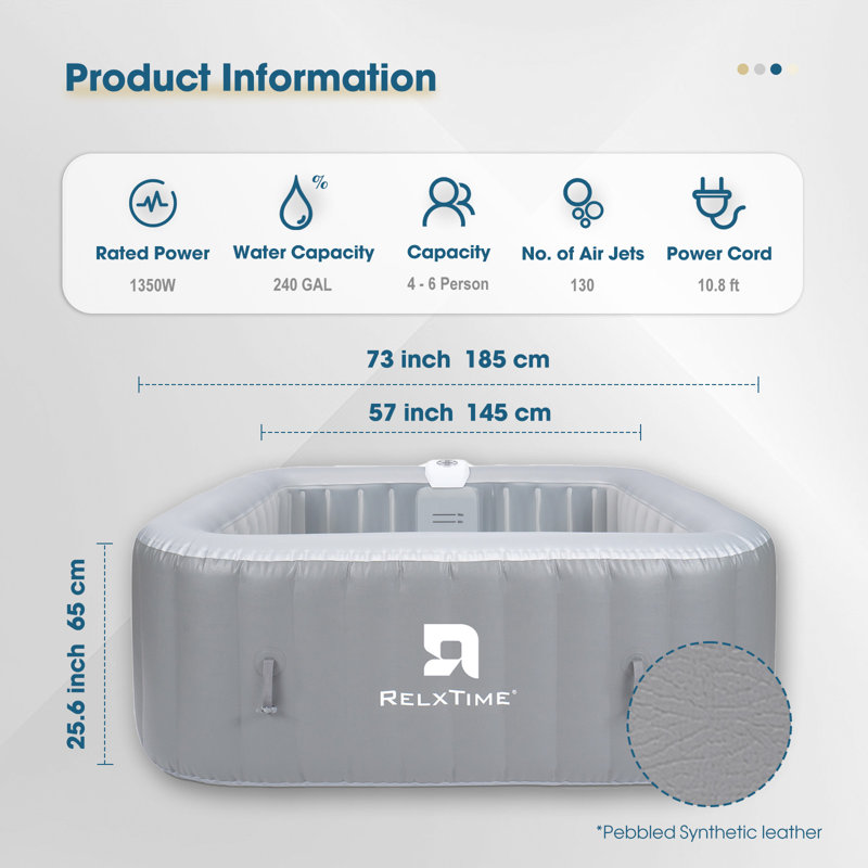 RELXTIME 130 - Jet Polyvinyl Chloride (PVC) Square Inflatable Hot Tub in Grey