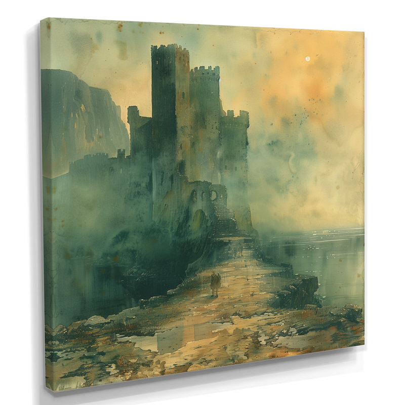 Impression d'art mural vert et orange forteresse médiévale, Toile tendue, H 36 po x l 36 po x P 1,5 po