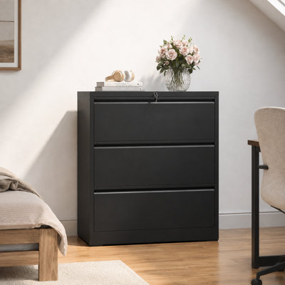 Bizoe 35.4" W 3-Drawer Locking Metal Lateral File Cabinet with Full-Extension Drawers, Anti-Tip Interlock for Letter/Legal/A4/F4 Files, Black