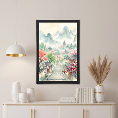 Tableau aquarelle représentant un paysage de village de cerisiers en fleurs, imprimé sur toile tendue (lot de 1).