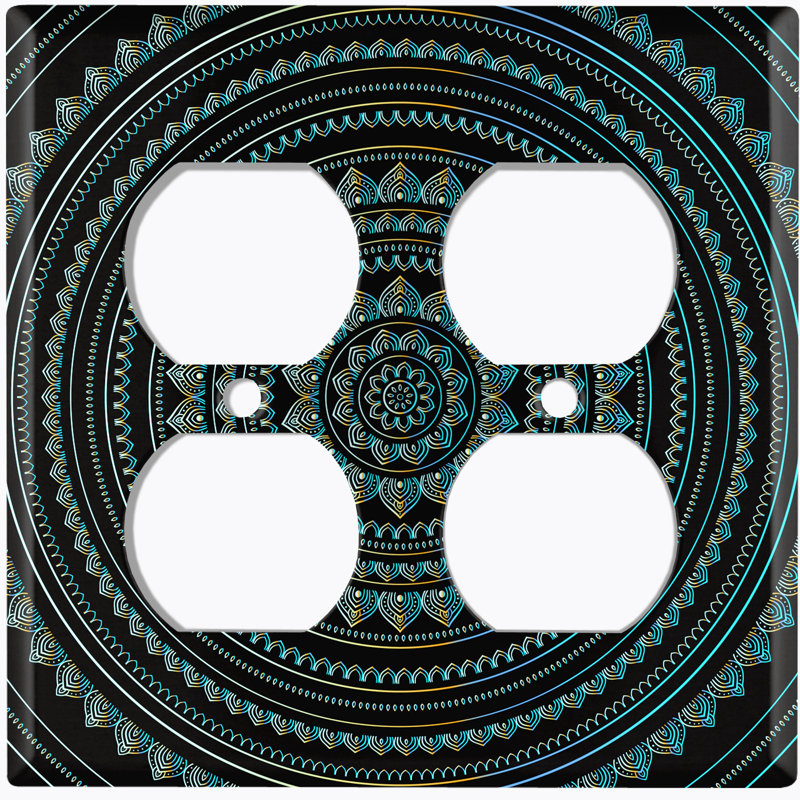 Teal Circle Mandala Black Patterned 2 - Gang Duplex Outlet Standard Wall Plate