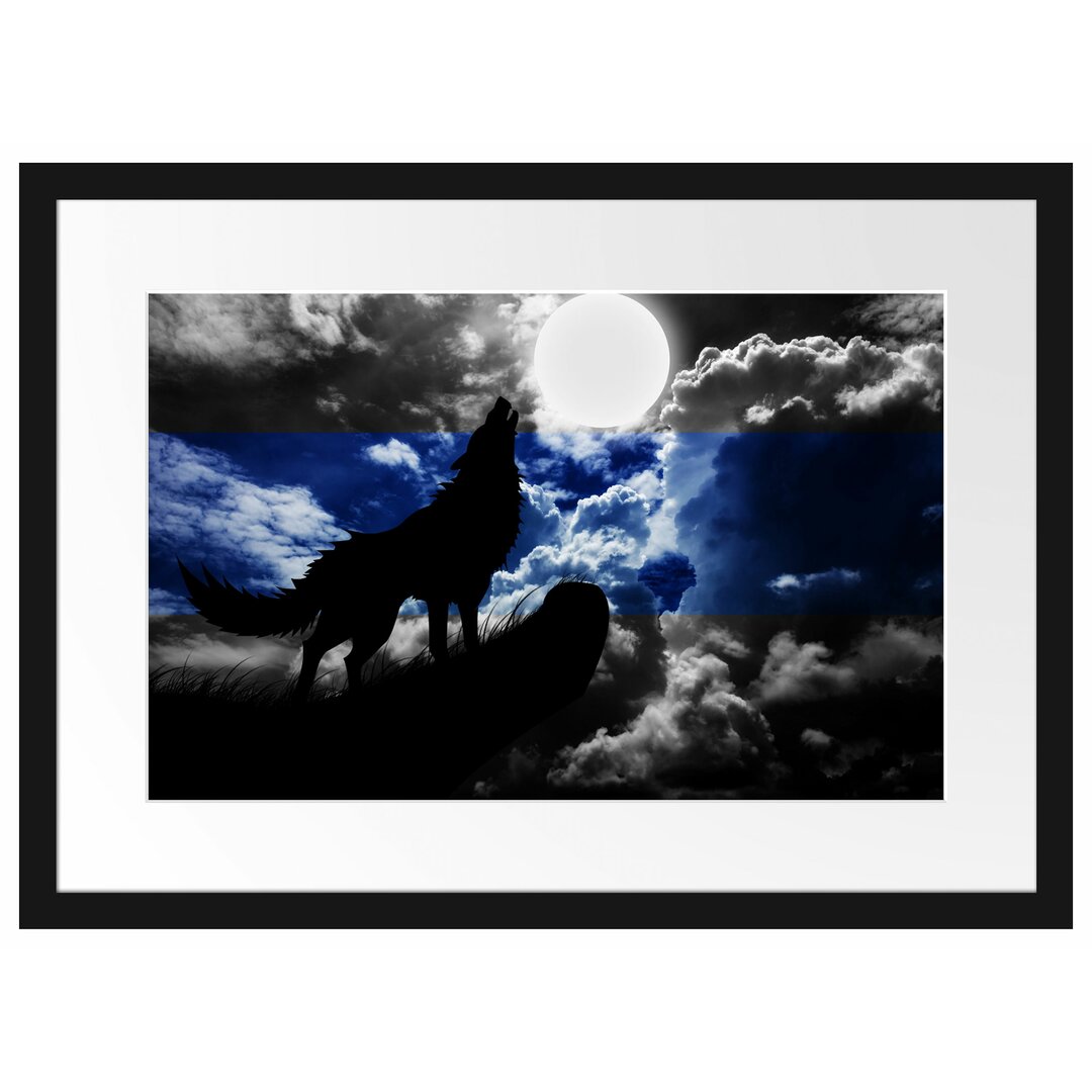 Gerahmtes Poster Wolf Silhouette im Vollmond