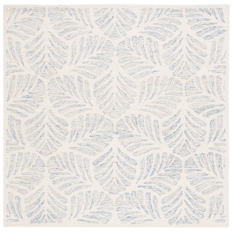 Mcconnico Floral Handmade Tufted Wool Area Rug in Ivory / Blue, Square 6'