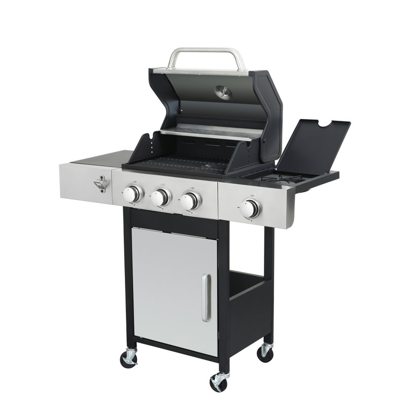 3 grilles au propane avec brûleur latéral, porte coulée en acier inoxydable et fer émaillé