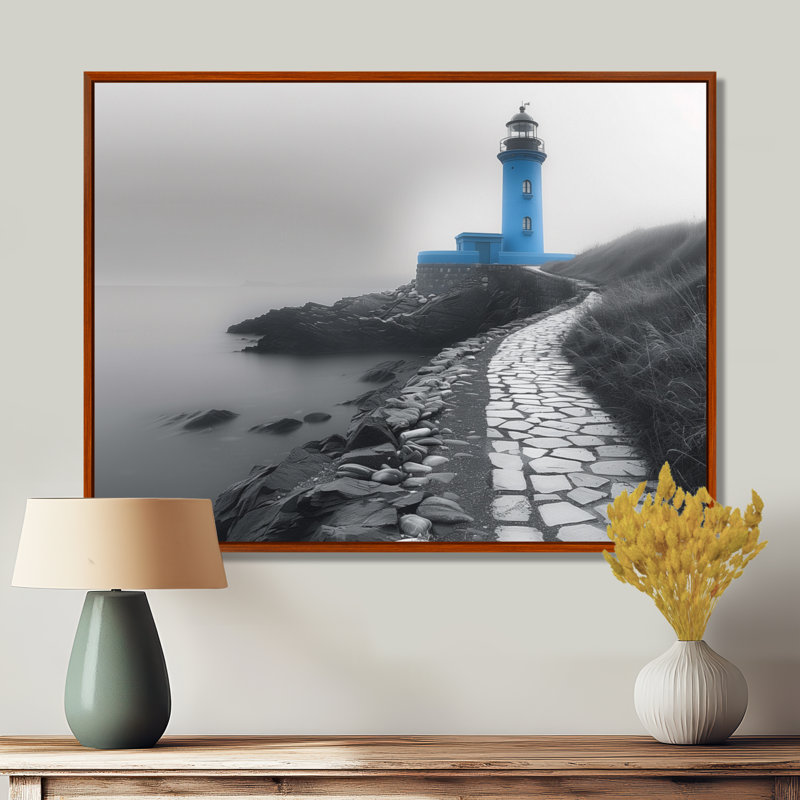 Photo de phare monochrome bleu en hiver II - phares, art mural, H 16 po x l 32 po, Cadre flottant brun