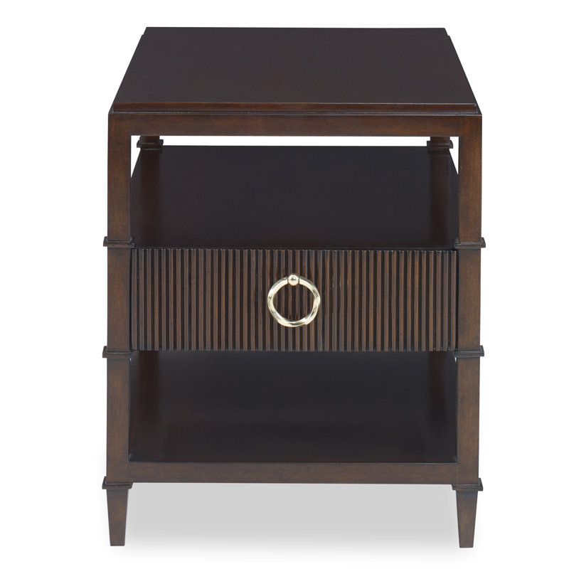 Walnut Brown Rectangular End Table with Storage and Brass Hardware