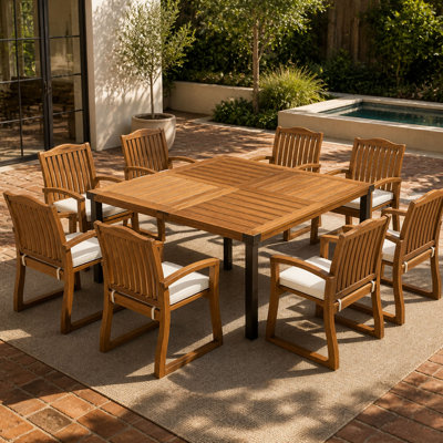 9‑Piece Acacia Wood Outdoor Patio Dining Set, 64" Square Teak Finish Wooden Table and 8 Arm Chairs with Cream Cushions, Slatted Back Design for Backyard Garden Deck