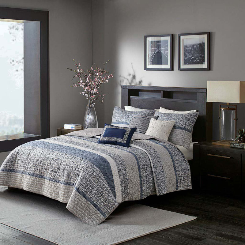 Ensemble de courtepointe réversible en jacquard 6 pièces avec coussins décoratifs bleu marine