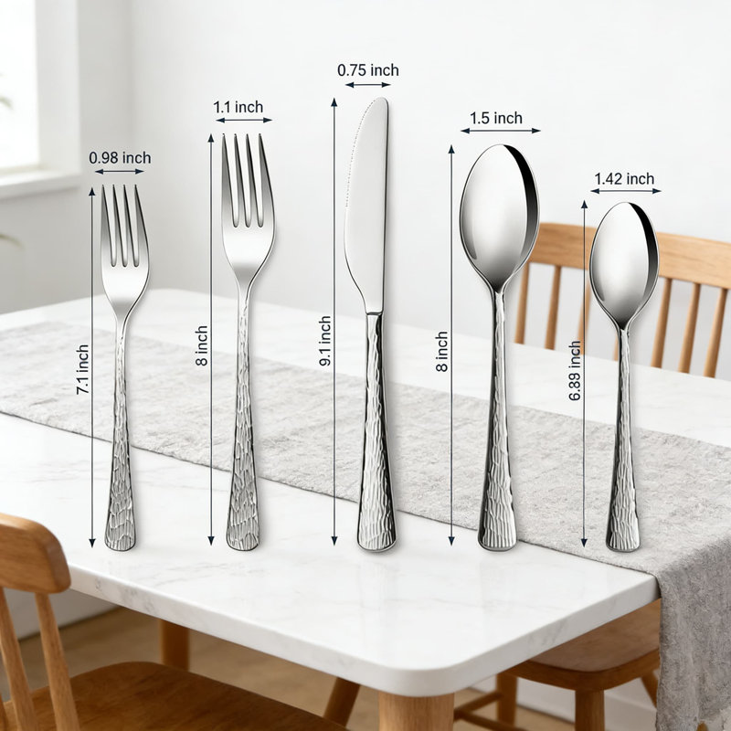 Ensemble 60 pièces en argent martelé 60 pièces, ensemble de couverts en acier inoxydable 18/10 avec un design unique de poignée ondulée, poli miroir et lavable au lave-vaisselle, service pour 12