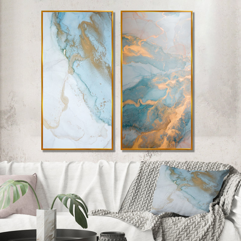 «Luxury Turquoise Gold Marbré Flow Art II», ensemble de 2 impressions sur toile, H 32 po x l 32 po x P 1 po