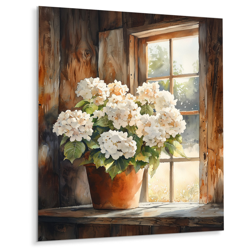 Hortensias dans la basse-cour - hydrangées, impression murale en métal, H 20 po x l 12 po