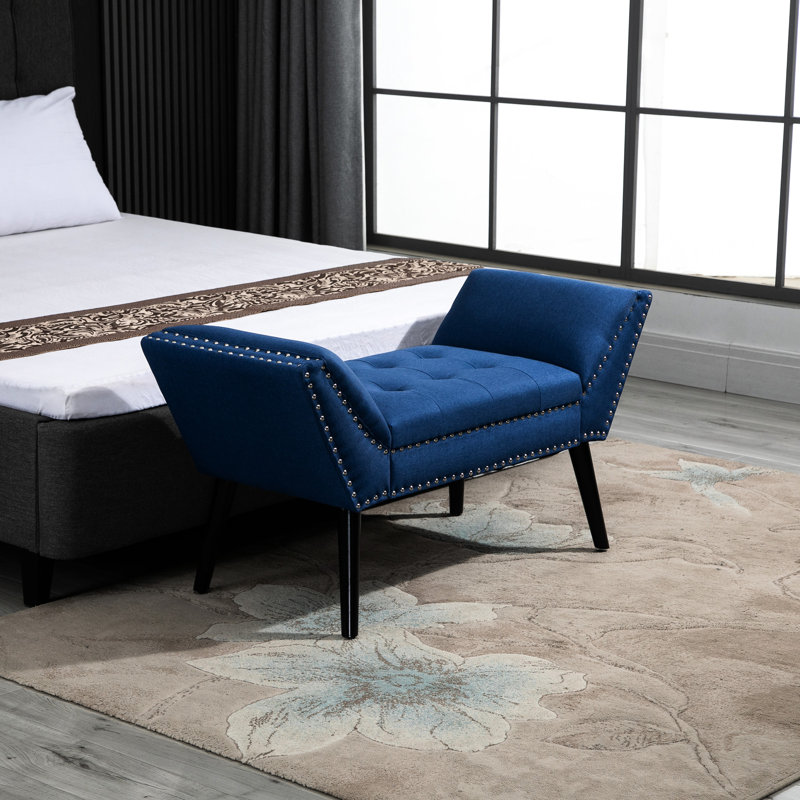 Banc d'appoint bleu avec cadre et bouton de rembourrage doux en bleu, rehausse l'ambiance de la chambre à coucher