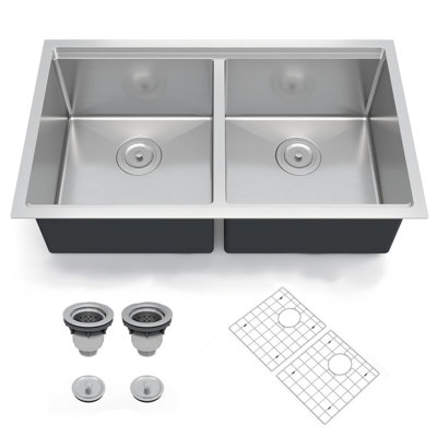 Évier de cuisine encastré en acier inoxydable 33 po x 19 po x 10 po, évier double bac avec rebord, fini brossé, grille de fond et bonde