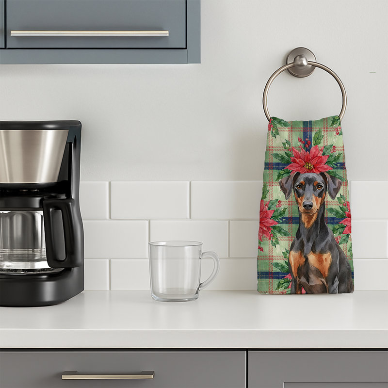 German Pinscher Christmas PoinsettIas Kitchen Towel, Black/Brown German Pinscher