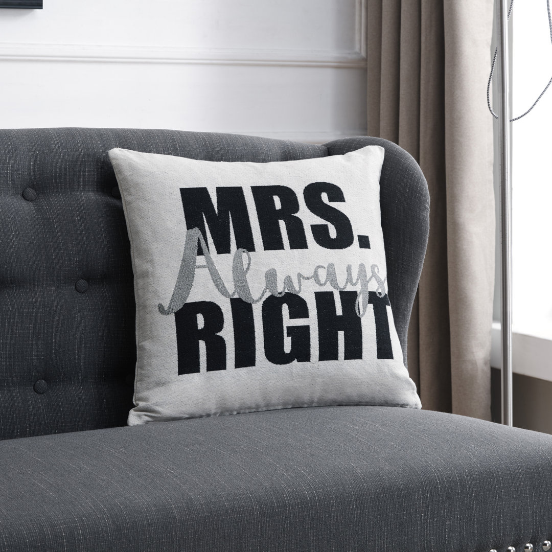 Mrs. Always Right White Cotton Jacquard Printed Decorative Toss Throw Accent Pillow Danya B