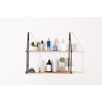 Metal Brackets Rustic Wood Floating Shelf - 2 Tier, Natural Color For Displaying Home Decor, Collectibles 2 With Decorative Home, Showcasing Trophies,