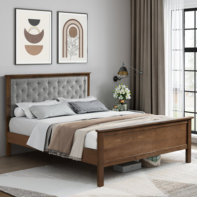 Farmhouse Upholstered Queen Bed with Adjustable Tufted Headboard