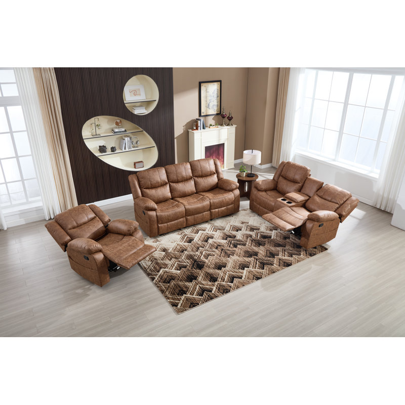 Ensemble de salon inclinable manuel en cuir 3 pièces avec accoudoirs coussinés, Brun