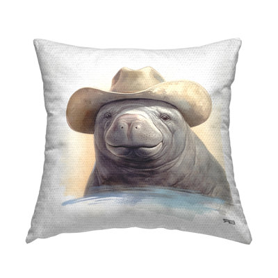 Smiling Manatee with Hat Outdoor Printed Pillow by RB