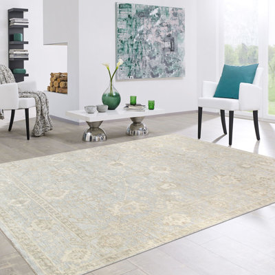 Oushak Hand Knotted Wool Geometric Area Rug in Pale Blue/Ivory/Taupe