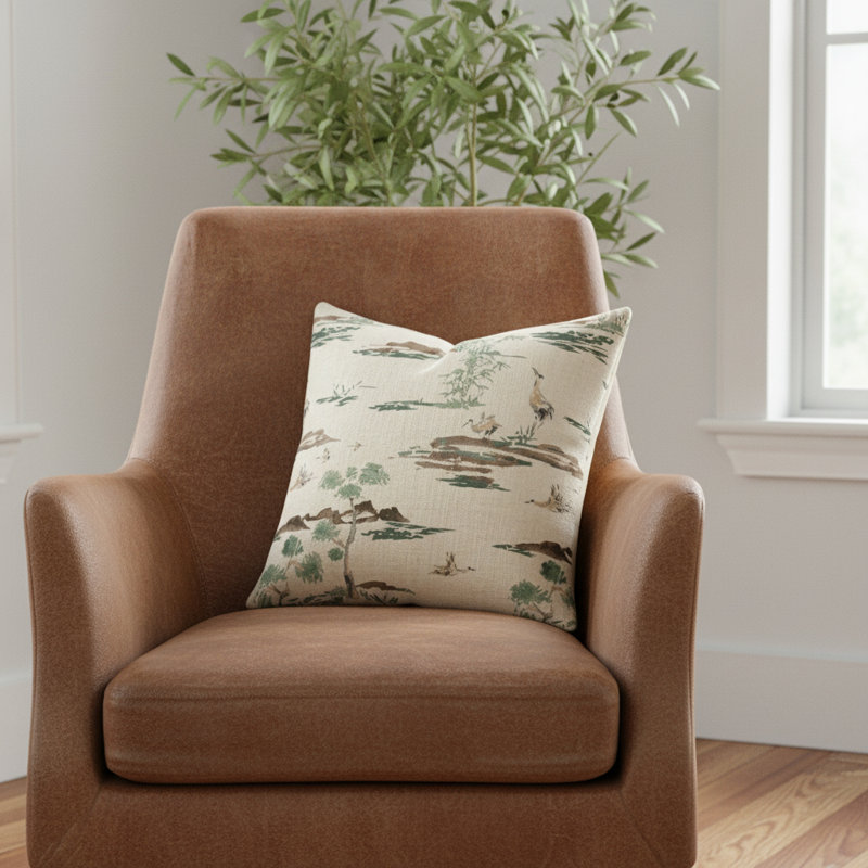 Akari Square Pillow Cover & Insert, Ivory/Cream/Beige/Green