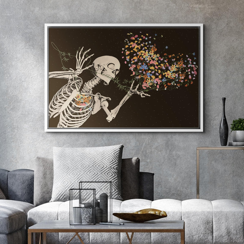 Moody Skull "Flowers For Love", impression d'art moderne sur toile encadrée, H 24 po x l 36 po, Cadre flottant blanc
