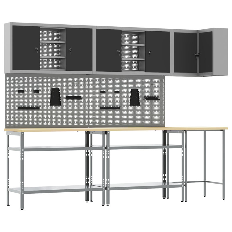 Set Of 9 Steel Medium Height-Adjustable Workshop Table, Black