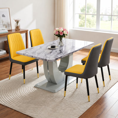 5-Piece Modern Rectangular Pedestal Faux Marble Dining Set with Upholstered Chairs