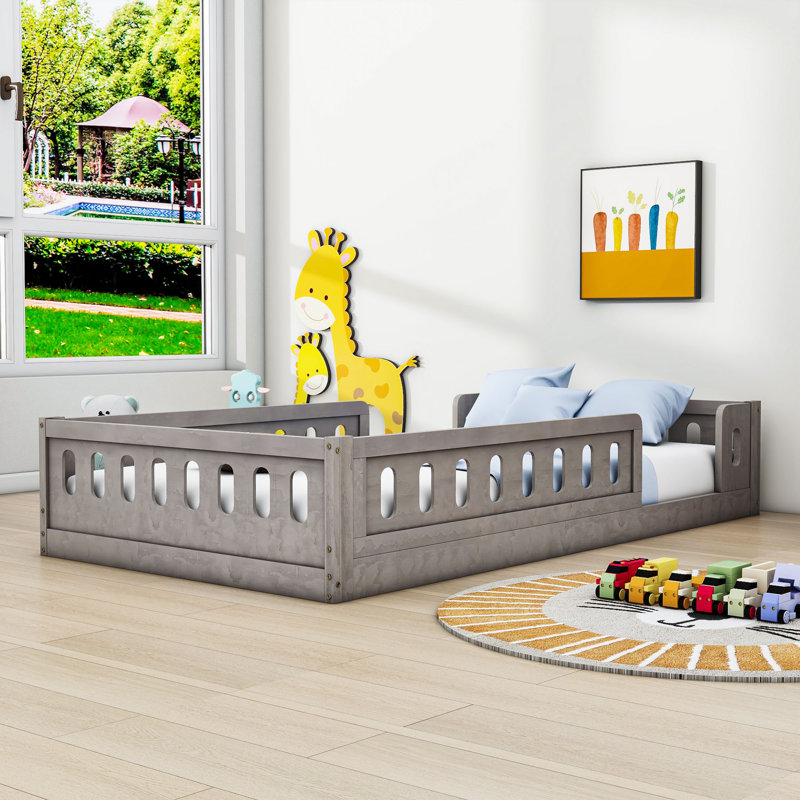  Lit plateforme simple en bois avec garde-corps Kalah, Naturel