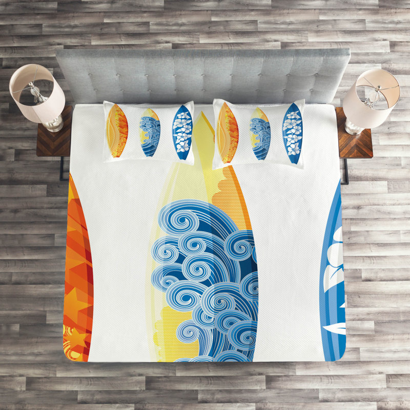 King White Quilted Bedspread Set with Surf Design
