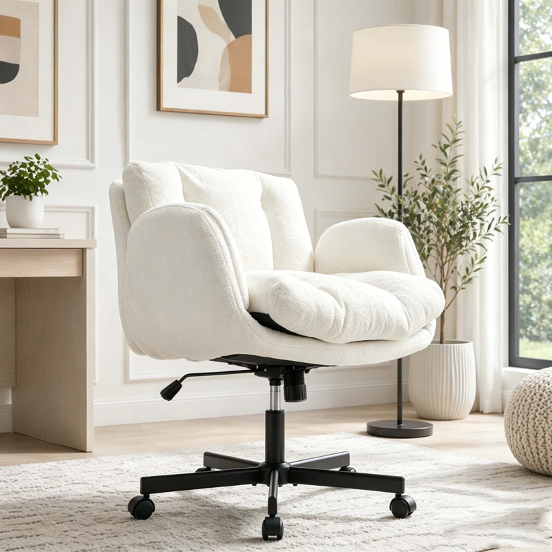 Chaise de bureau pivotante en chenille moderne avec accoudoirs réglables, Beige