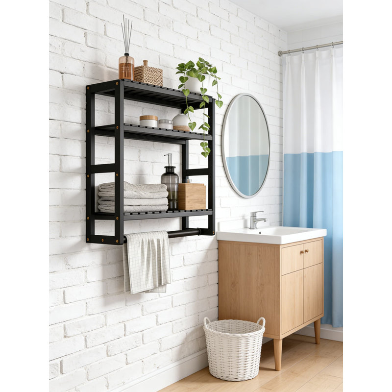 Over The Toilet Storage Shelf - 3 Tier Wall Mounted Space Saver Organizer With Towel Rack And Hanging Rod, Bamboo Bathroom Cabinet
