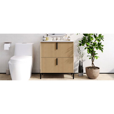 Meuble-lavabo de 30 po, lavabo en céramique, tiroirs à extension, glissières de tiroir encastrées à fermeture en douceur, conception cannelée à la main, texture naturelle, petits designs, meuble-lavabo fonctionnel de 30 po avec esthétique -