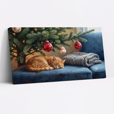 Toile orange de Noël sur un canapé bleu sous un arbre, art mural de Noël