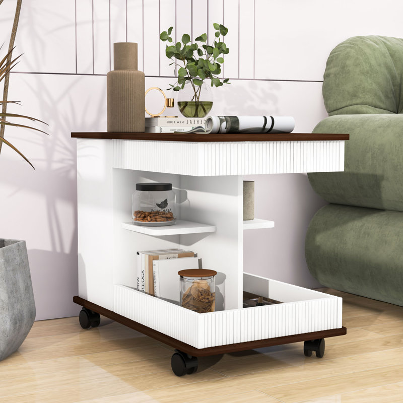 Table d'appoint pour canapé avec plateau relevable et espace de rangement, Blanc / Brun