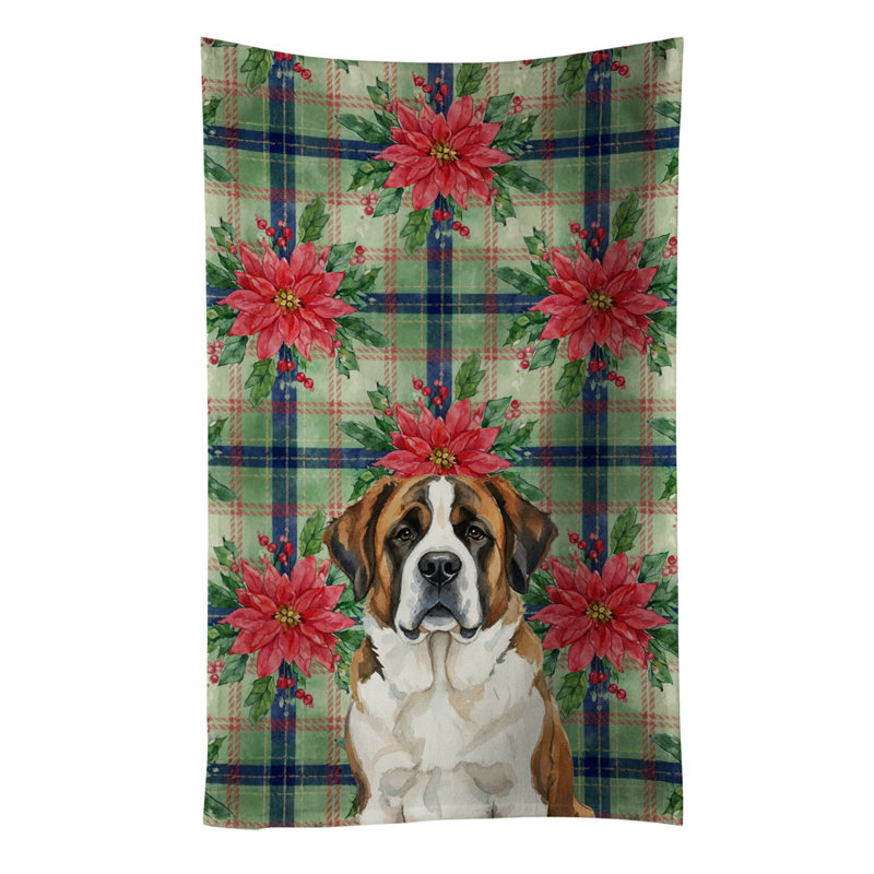 Brindle and White Saint Bernard Christmas PoinsettIas Kitchen Towel, Brindle/White Saint Bernard