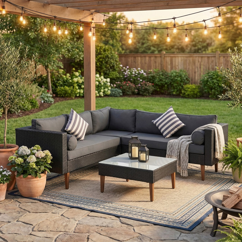 Ensemble de canapé d'extérieur en osier 4 pièces, mobilier de patio avec coussins colorés, ensemble de canapé de patio en forme de L pour la cour, près de la piscine