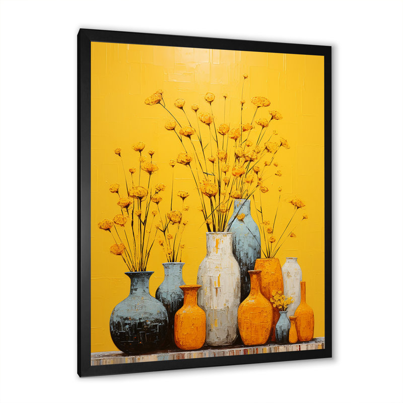 Minimalisme, poteries jaunes sur toile, Cadre simple noir, H 40 po x l 30 po x P 1,5 po