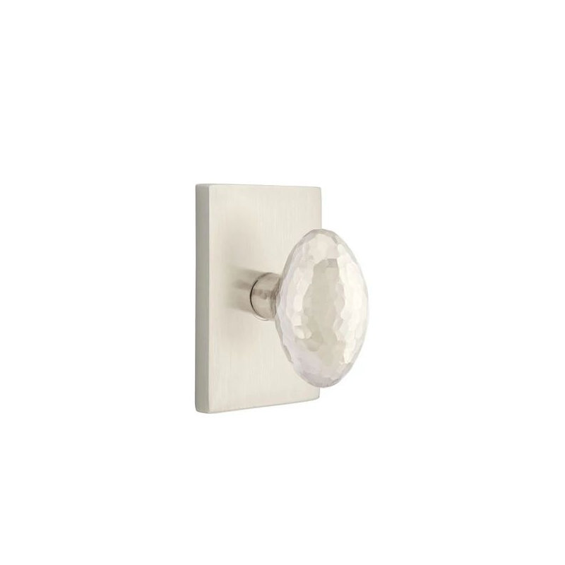 Emtek Privacy Interior Mortise Set w/ Modern Rectangular Rosette & Hammered Egg Knob (RH), Satin Nickel