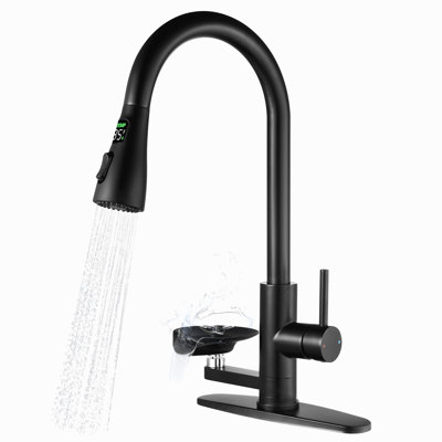 3-In-1 Kitchen Faucet With 3-Color Led Temperature Display, Press-Type Glass Rinser, High-Arc Pull-Down Sprayer, 3 Spray Modes For Modern Kitchen Sink