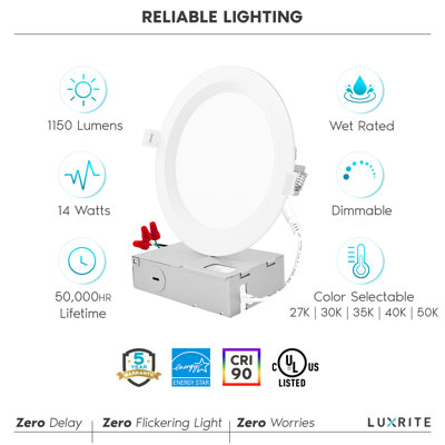 6'' Selectable Color Temperature Dimmable Air-Tight IC Rated LED Canless Recessed Lighting Kit