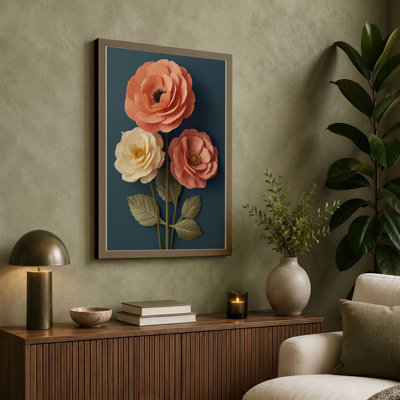 Three Roses in Bloom Botanical - Wrapped Canvas