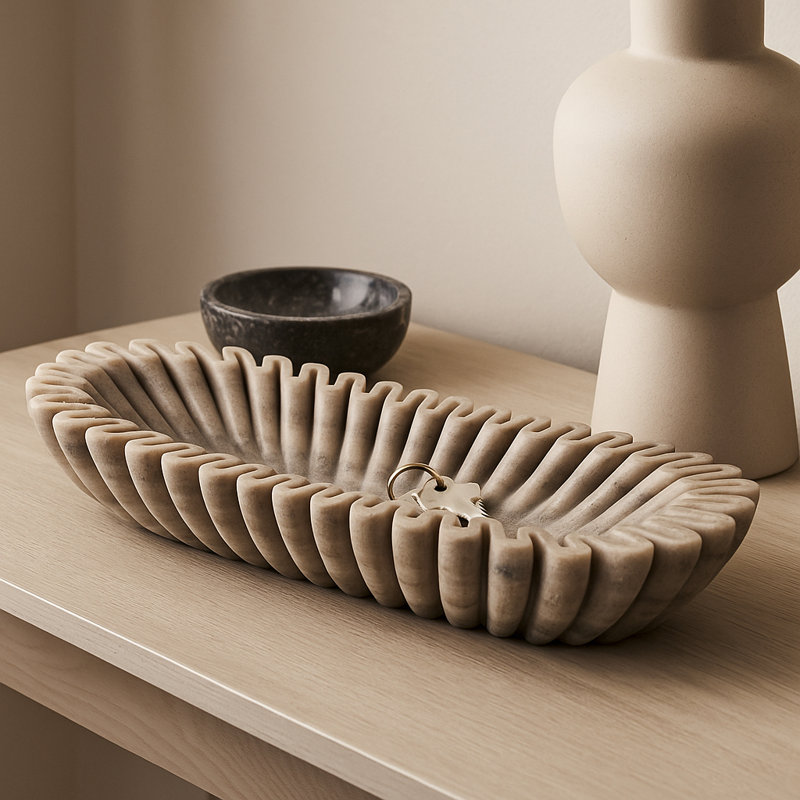 Bol décoratif ovale en marbre ondulé à texture côtelée - Bol décoratif moderne de 40 cm (16 po) idéal pour le bureau, les étagères ou la décoration intérieure