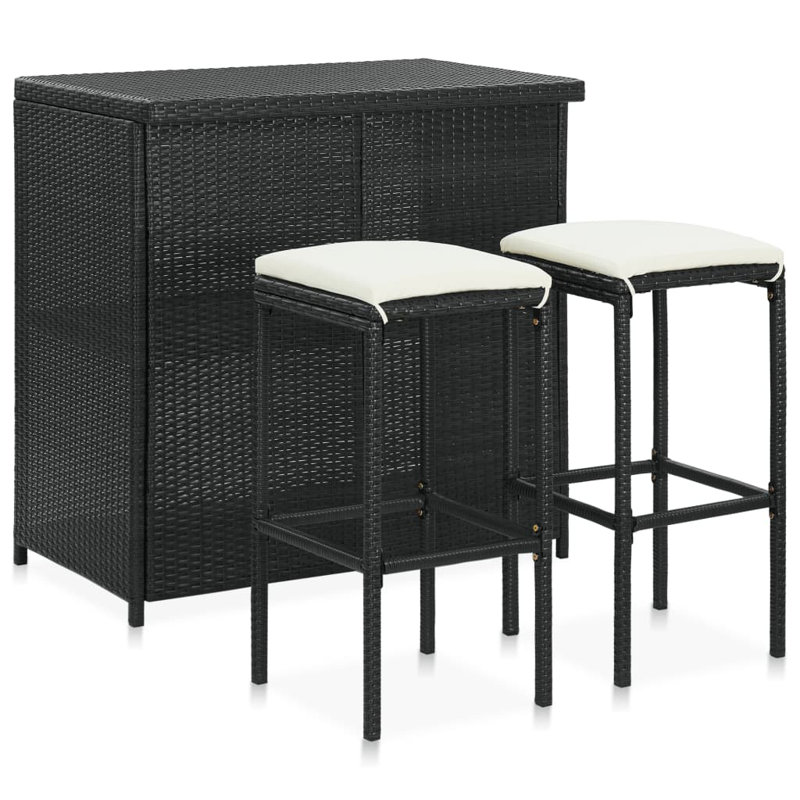 Ensemble bistro rectangulaire pour 2 personnes avec coussins, Structure noire / coussin blanc / plateau brun nat