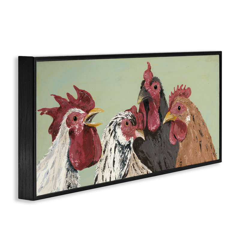 Quatre coqs sur giclée verte par Jade Reynolds, Giclée encadrée noir minuit, H 10 po x l 24 po