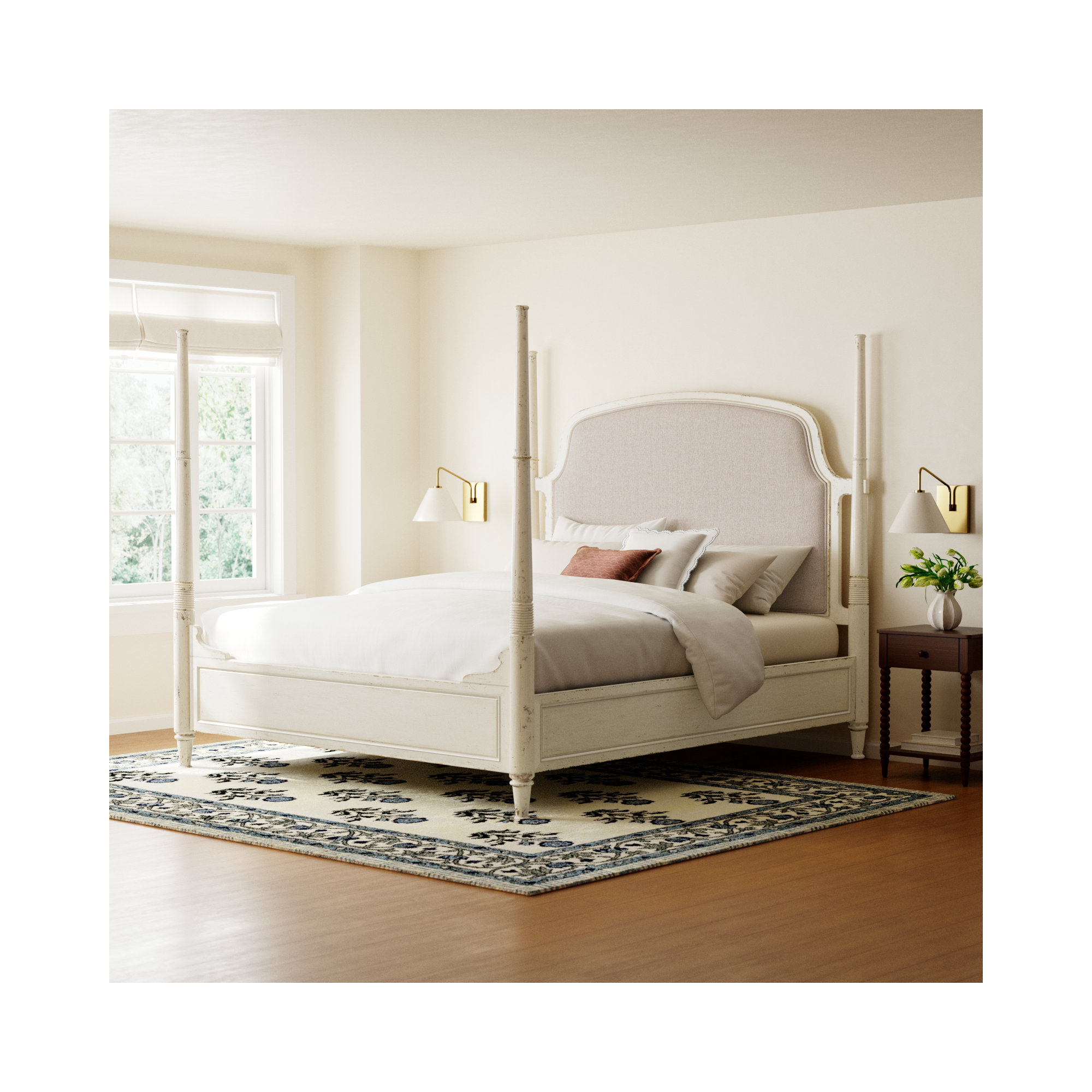 Alcy Upholstered Four Poster Bed, King, Cream/Beige