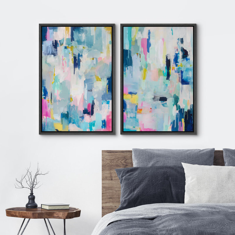 «Pastel Pink Blue Geometric Mountain Landscape», 2 pièces sur toile, Cadre noir, H 24 po x l 36 po