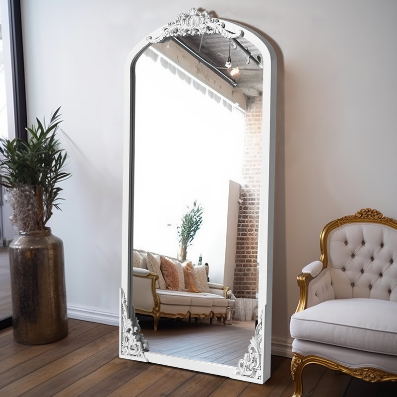 Anjulie Arch Solid Wood Mirror Ornate Mirror Wall Mirror Retro Mirror with Carved Frame, 64" x 21", White
