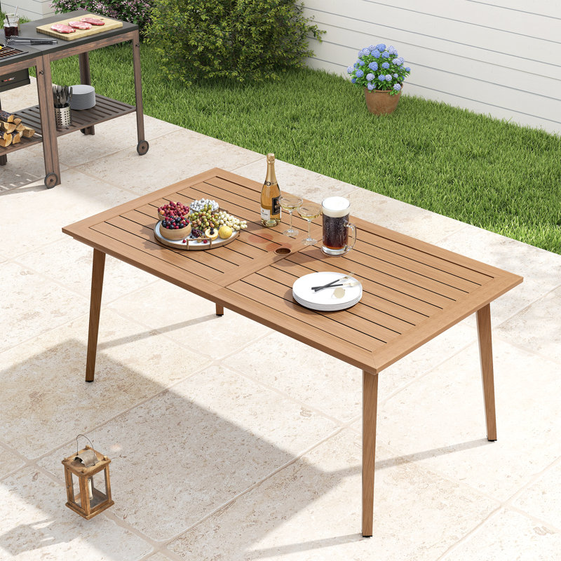 Michael 63" Rectangular Brown Aluminum Outdoor Dining Table With Umbrella Hole, 28.5" H x 63.8" W x 34.8" D