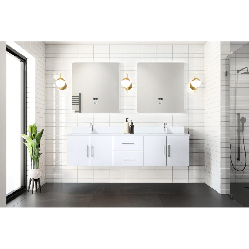 72 po L x P 22 po. Meuble-lavabo blanc brillant avec comptoir et robinet en marbre - grand comptoir double avec capacité de rangement